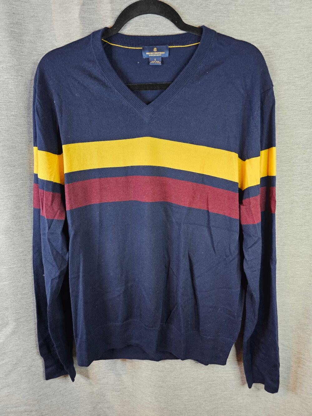 Brooks Brothers Extra Fine Merino Wool V-neck Sweater Men LG Blue Colorblock